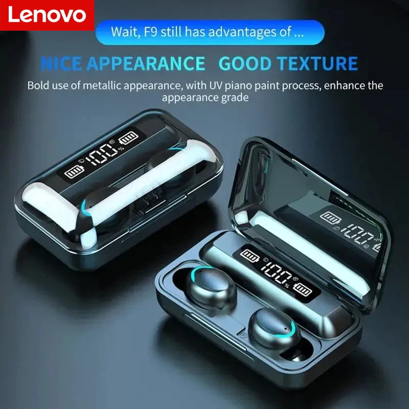 Wireless Charger - หูฟังไร้สายบลูทูธ Lenovo F9 - กล่องชาร์จความจุสูงและหน้าจอดิจิตอล, หูฟังสำหรับเล่นเกมแบตเตอรี่ใช้งานได้ยาวนาน