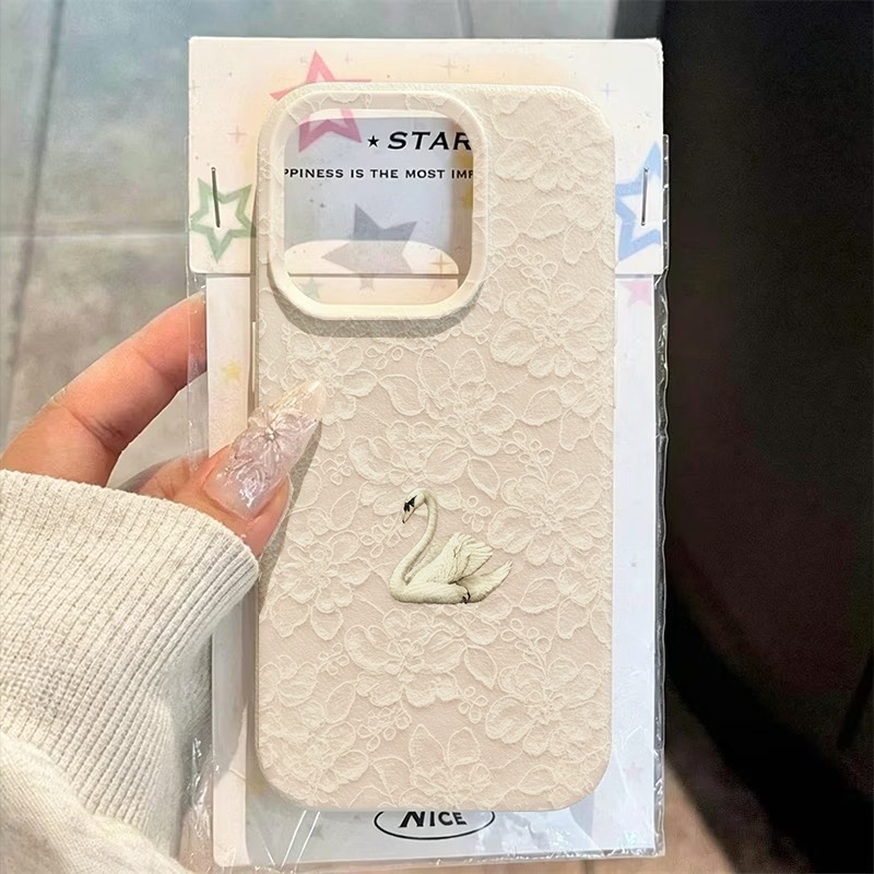 Usb Charger - เคสโทรศัพท์ลายลูกไม้ลายหงส์ ผิวสัมผัสแบบลิ้นจี่ สำหรับ iPhone 17 16